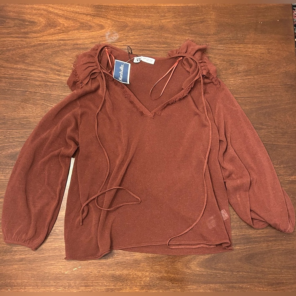 Zara Women's V-Neck Brown Sweater with Ruffle Details